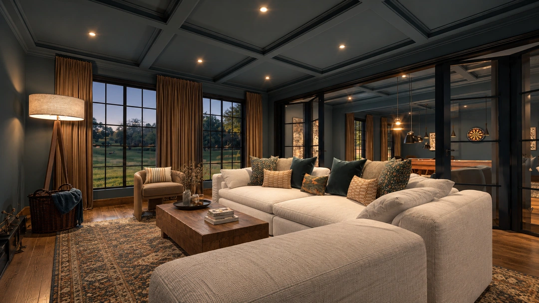Evening family room with pale sectional seating — Great Falls, VA, Studio Dalika; project view 12
