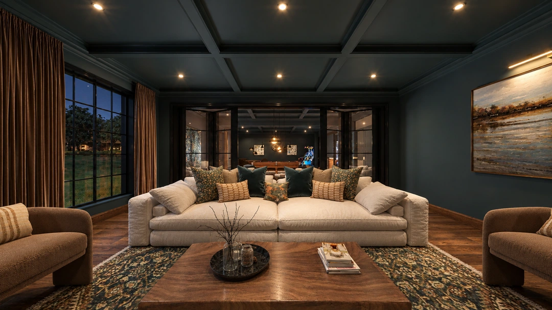 Evening family room with sectional and dark teal ceiling — Great Falls, VA, Studio Dalika; project view 13