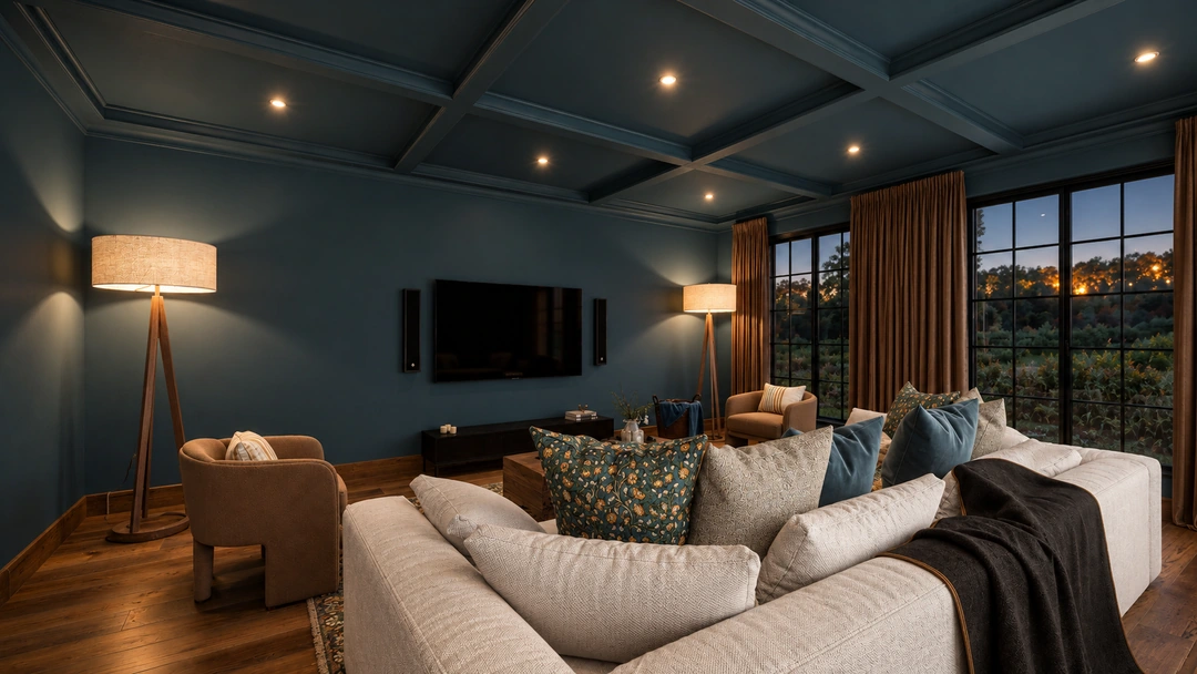 Evening television lounge with pale sectional and cushions — Great Falls, VA, Studio Dalika; project view 14