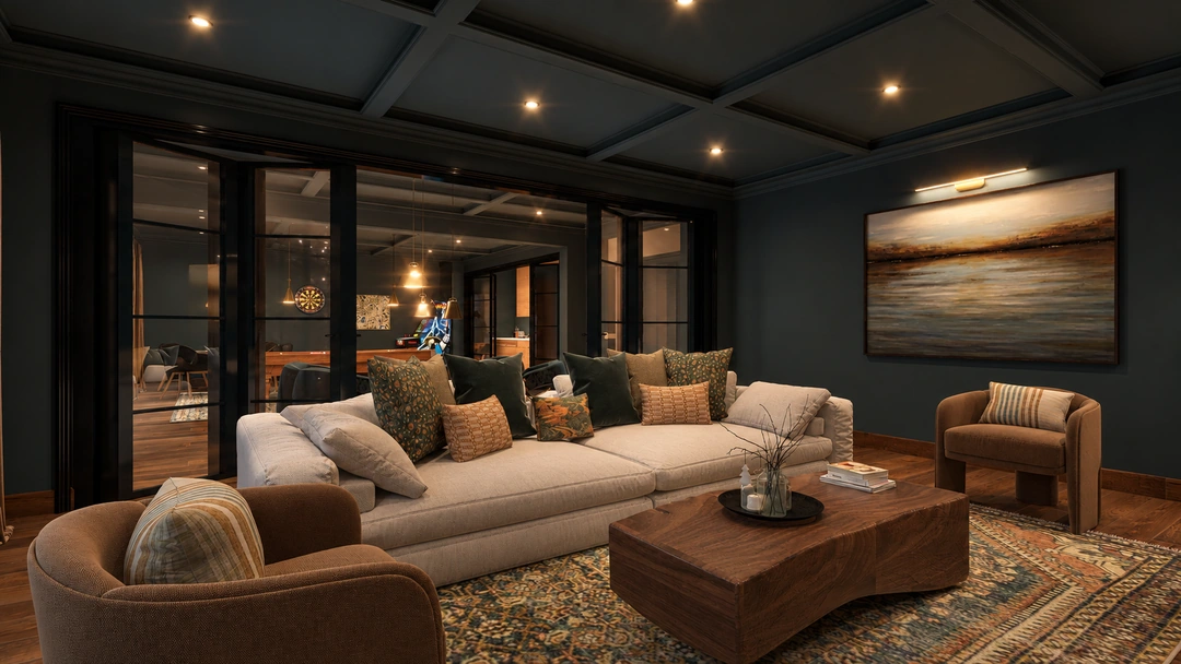 Evening family room with sectional and rectangular coffee table — Great Falls, VA, Studio Dalika; project view 15