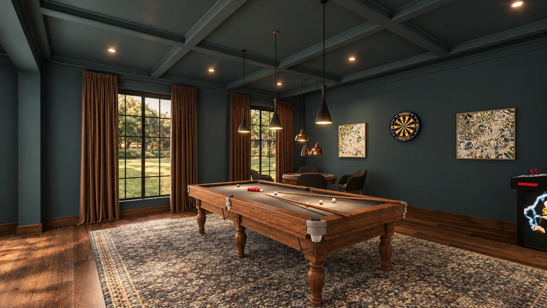Evening billiards room with dark teal walls — Great Falls, VA, Studio Dalika; project view 17