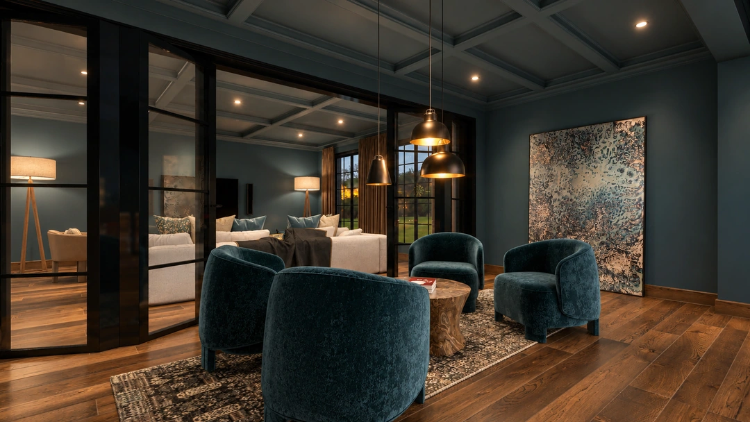 Evening lounge with teal chairs and glazed partitions — Great Falls, VA, Studio Dalika; project view 18