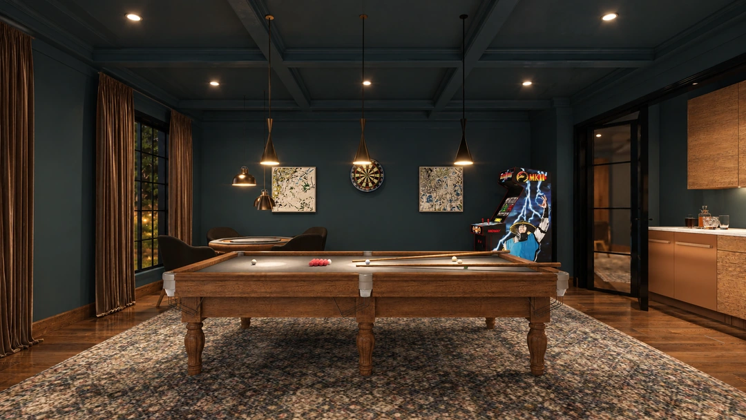 Evening billiards table beneath hanging pendant lights — Great Falls, VA, Studio Dalika; project view 19