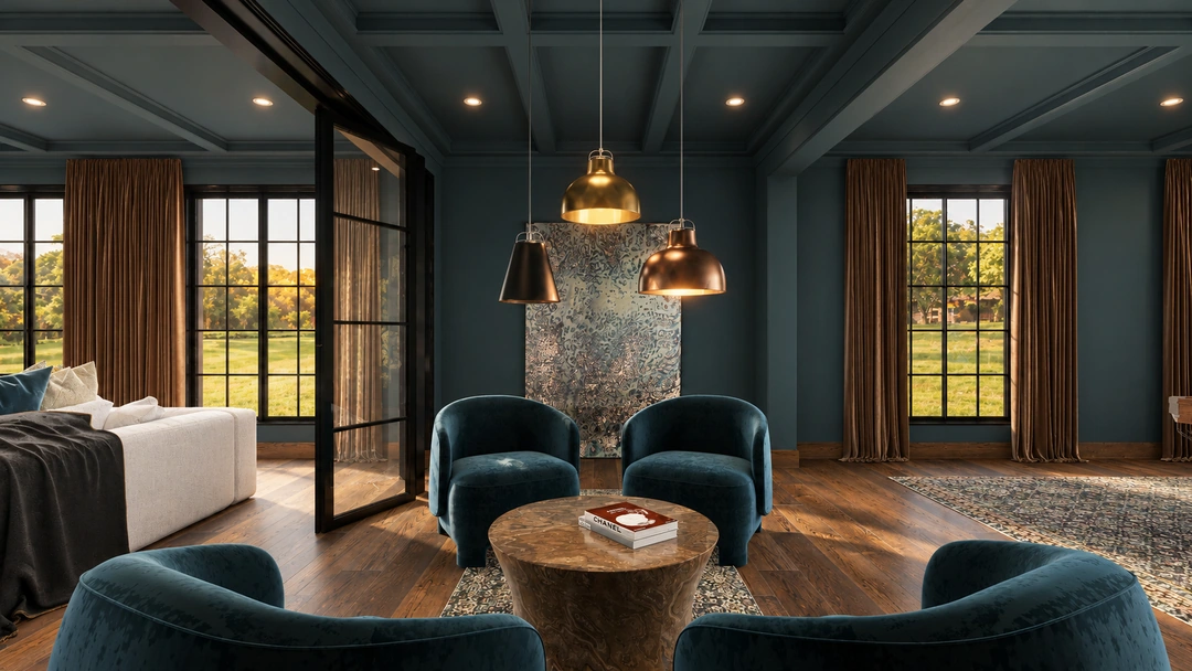 Teal lounge chairs around small round table — Great Falls, VA, Studio Dalika; project view 20