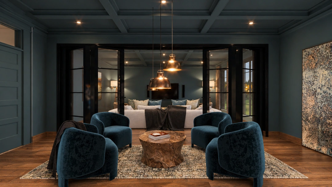Teal lounge chairs with billiards room beyond glazing — Great Falls, VA, Studio Dalika; project view 21