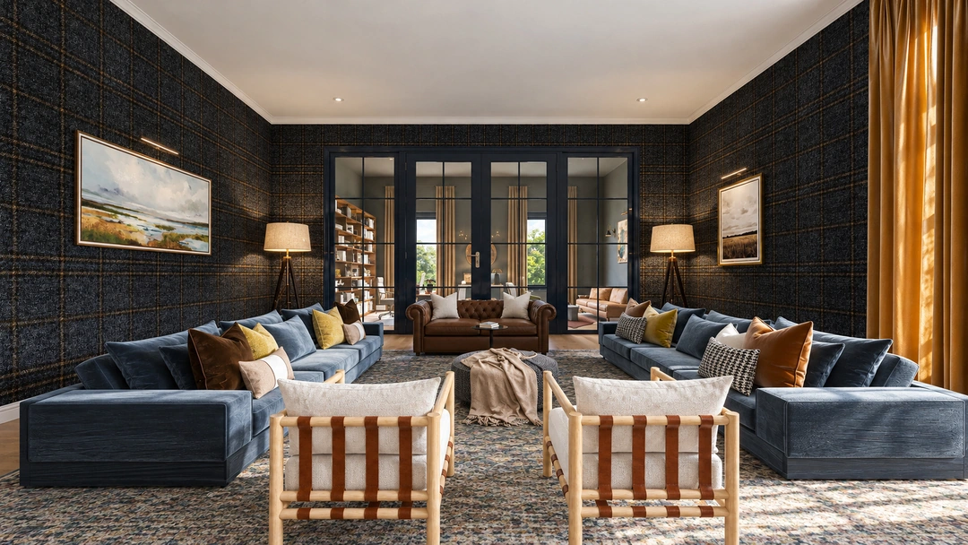 Living room with blue sofas and striped accent chairs — Great Falls, VA, Studio Dalika; project view 3