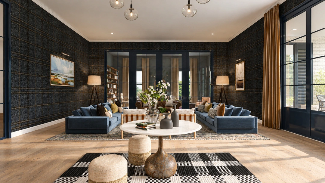 Living room with blue sofas and round coffee table — Great Falls, VA, Studio Dalika; project view 5