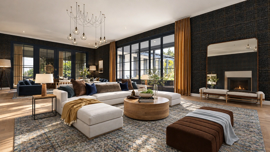 Living room with layered seating and broad windows — Great Falls, VA, Studio Dalika; project view 7