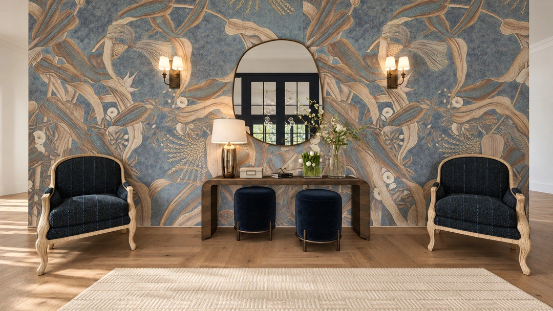 Decorative wall mural with console and paired chairs — Great Falls, VA, Studio Dalika; project view 8