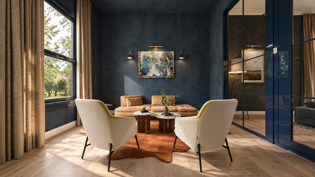 Small dining area with round table and upholstered chairs — Great Falls, VA, Studio Dalika; project view 9
