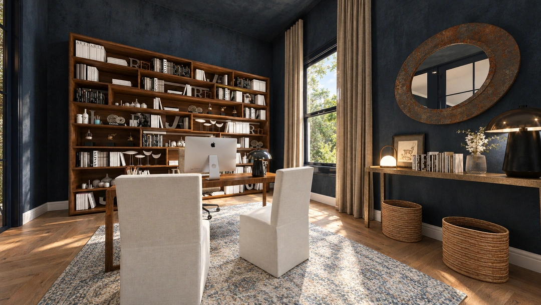 Dining table beside bookshelves and long wall console — Great Falls, VA, Studio Dalika; project view 10