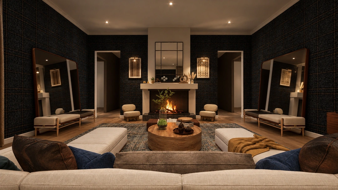 Evening living room facing fireplace and framed artwork — Great Falls, VA, Studio Dalika; project view 12
