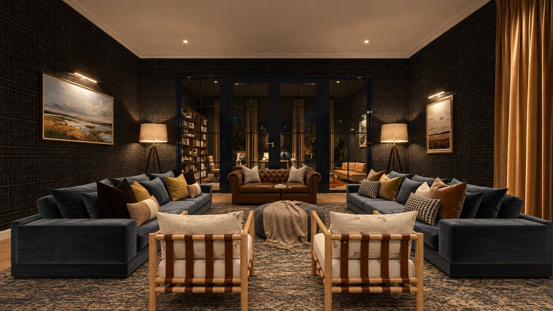 Evening living room with blue sofas and striped chairs — Great Falls, VA, Studio Dalika; project view 13