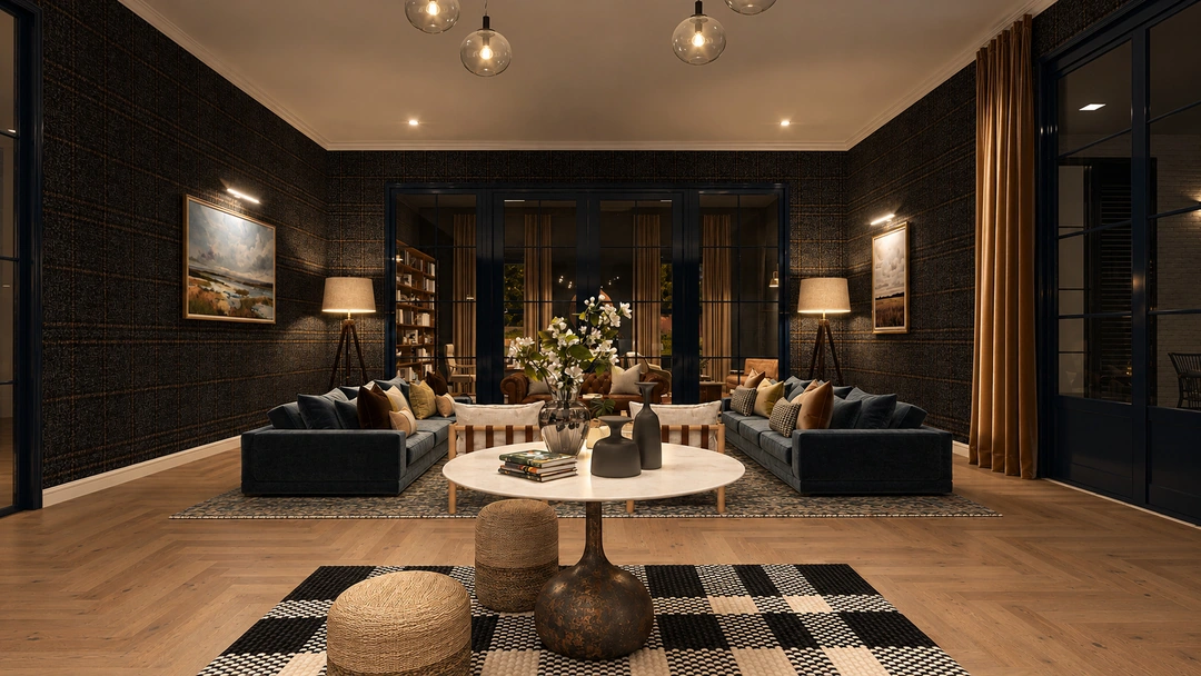 Evening living room with round coffee table and blue seating — Great Falls, VA, Studio Dalika; project view 14