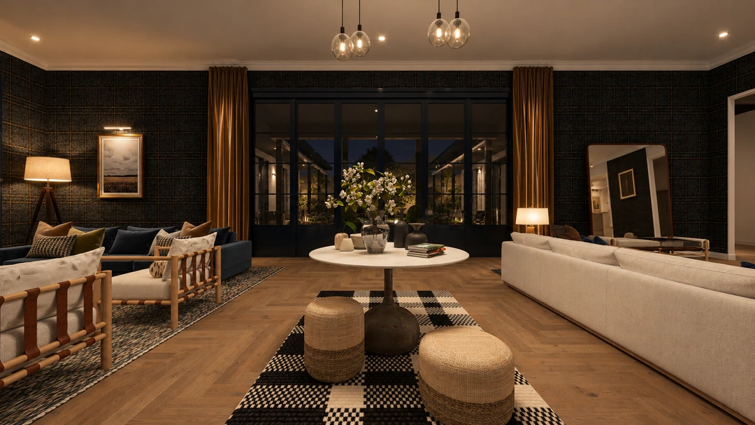 Evening living room opening toward kitchen and dining — Great Falls, VA, Studio Dalika; project view 15