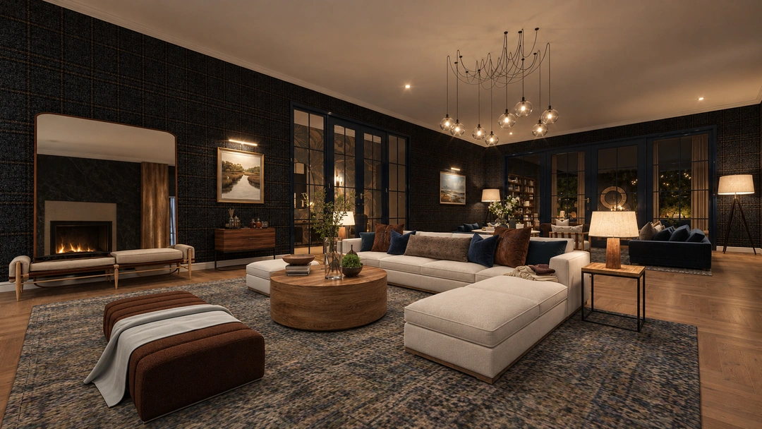 Evening living room with white sectional and dark walls — Great Falls, VA, Studio Dalika; project view 16