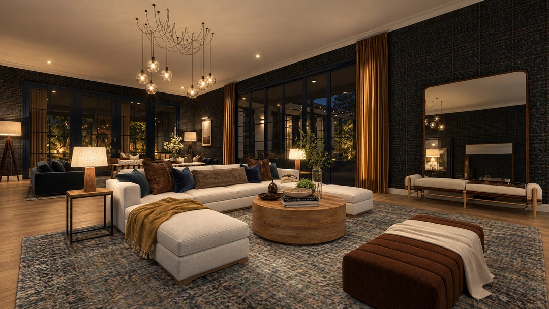 Evening living room with layered sofas and round table — Great Falls, VA, Studio Dalika; project view 17