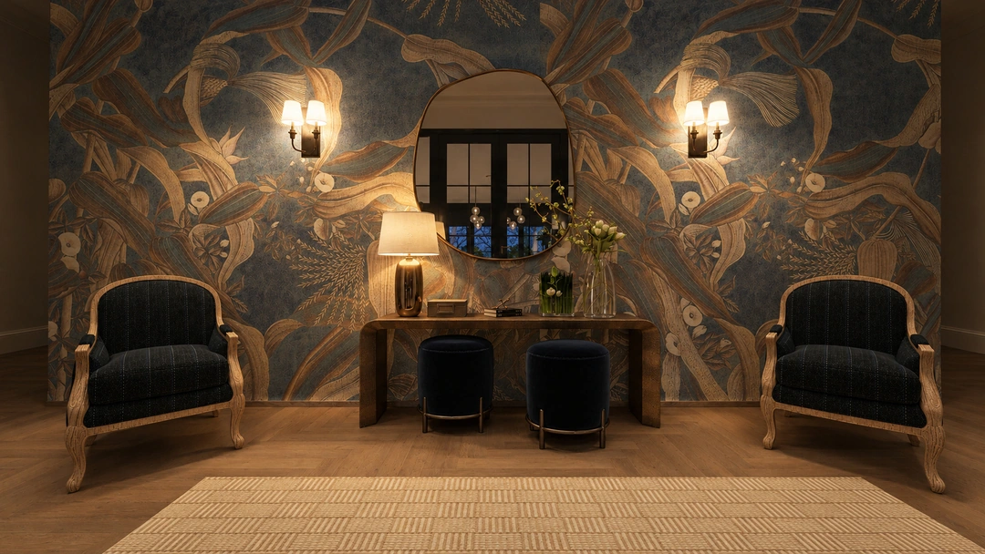Evening console and chairs against decorative wall mural — Great Falls, VA, Studio Dalika; project view 18