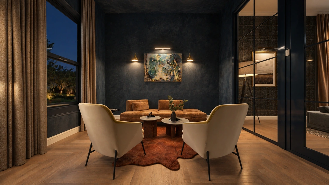 Evening round dining table with upholstered chairs — Great Falls, VA, Studio Dalika; project view 19