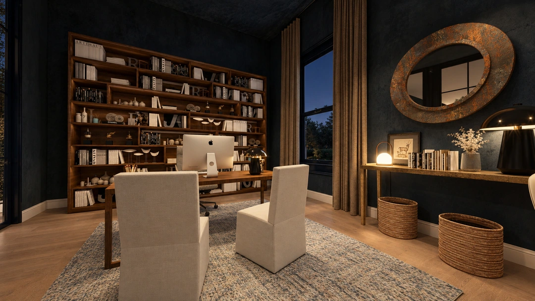 Evening dining table beside bookshelves and wall console — Great Falls, VA, Studio Dalika; project view 20