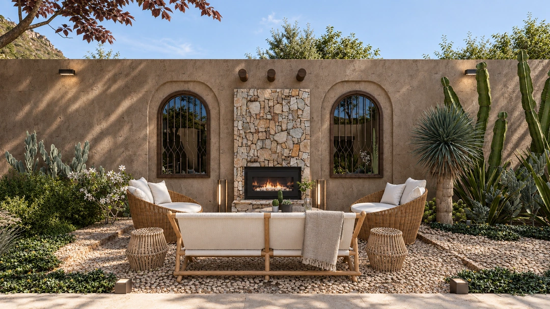 Outdoor seating beside fireplace and arched windows — Santa Fe, NM, Studio Dalika