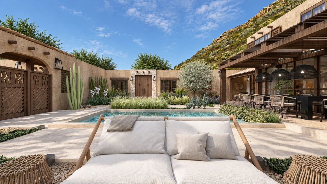 Courtyard pool beside outdoor dining and covered terrace — Santa Fe, NM, Studio Dalika; project view 3