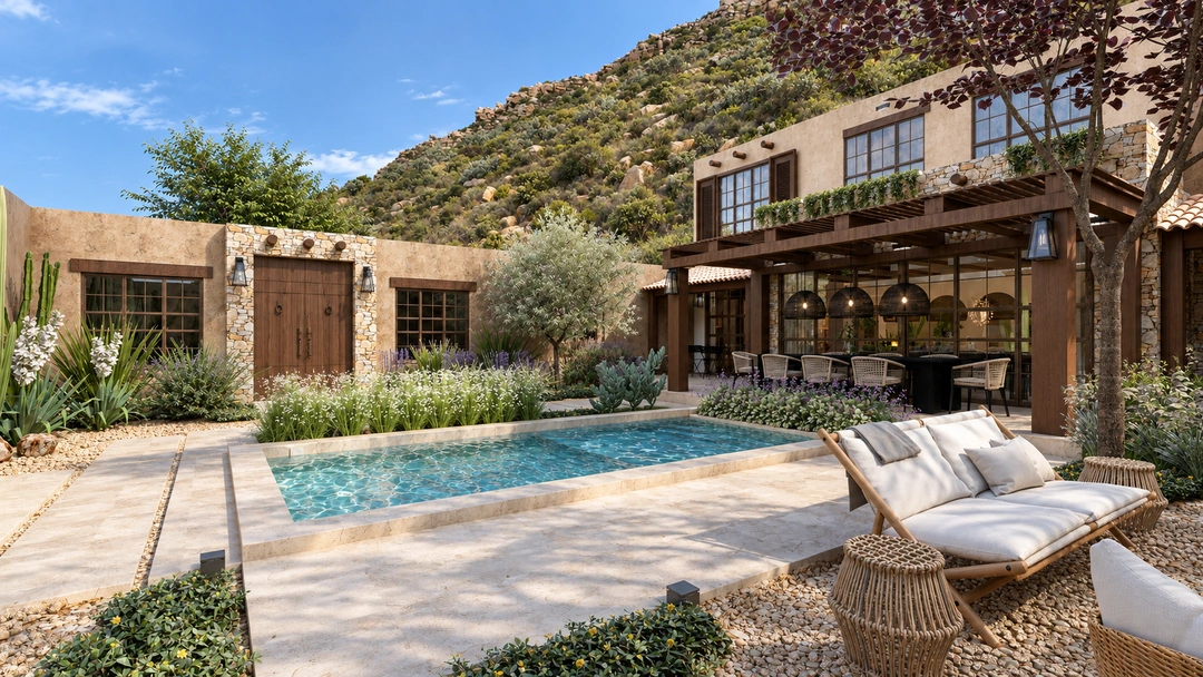 Pool terrace with loungers and mountain backdrop — Santa Fe, NM, Studio Dalika; project view 4