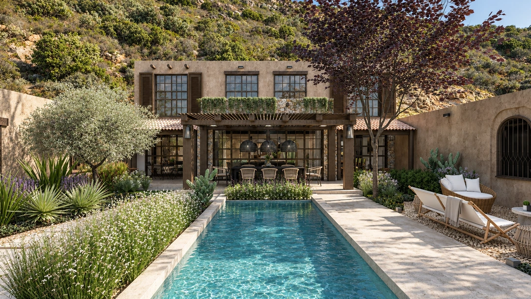 Courtyard pool facing residence and landscaped planting — Santa Fe, NM, Studio Dalika; project view 5