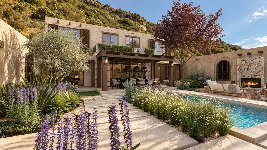 Pool courtyard with two story house and planting — Santa Fe, NM, Studio Dalika; project view 6