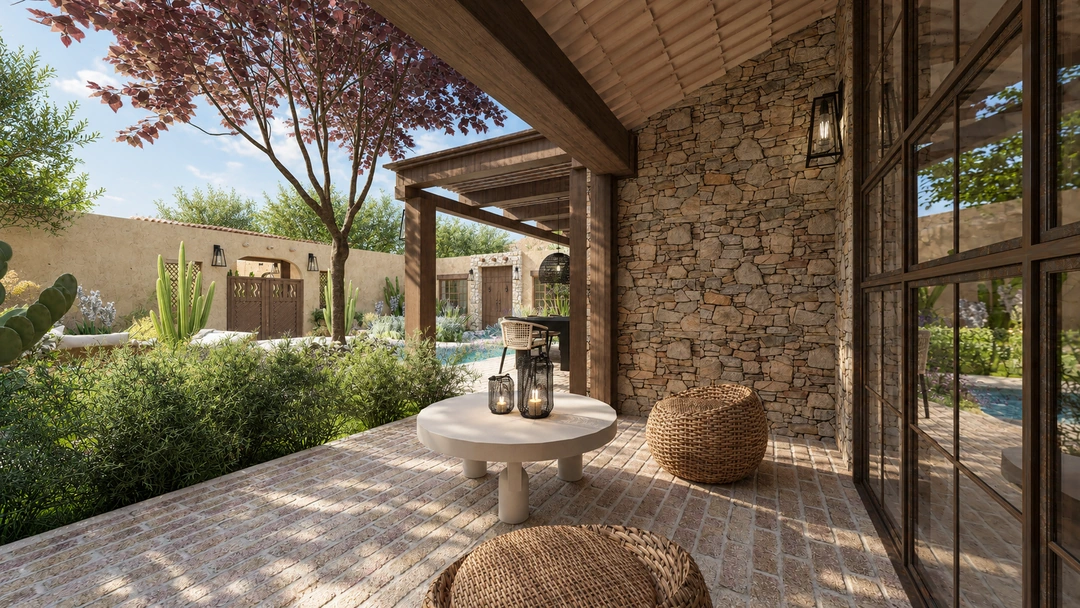 Covered patio seating beside courtyard garden — Santa Fe, NM, Studio Dalika; project view 7