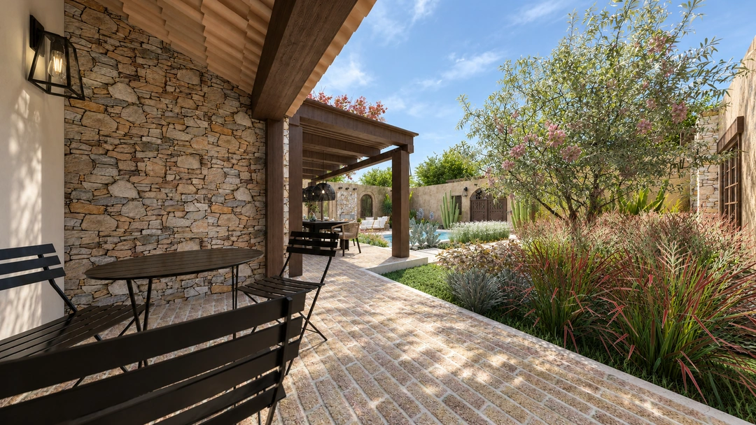 Covered stone porch overlooking landscaped courtyard — Santa Fe, NM, Studio Dalika; project view 8