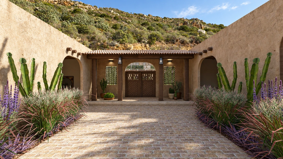 Courtyard entry with cactus planting and double doors — Santa Fe, NM, Studio Dalika; project view 9