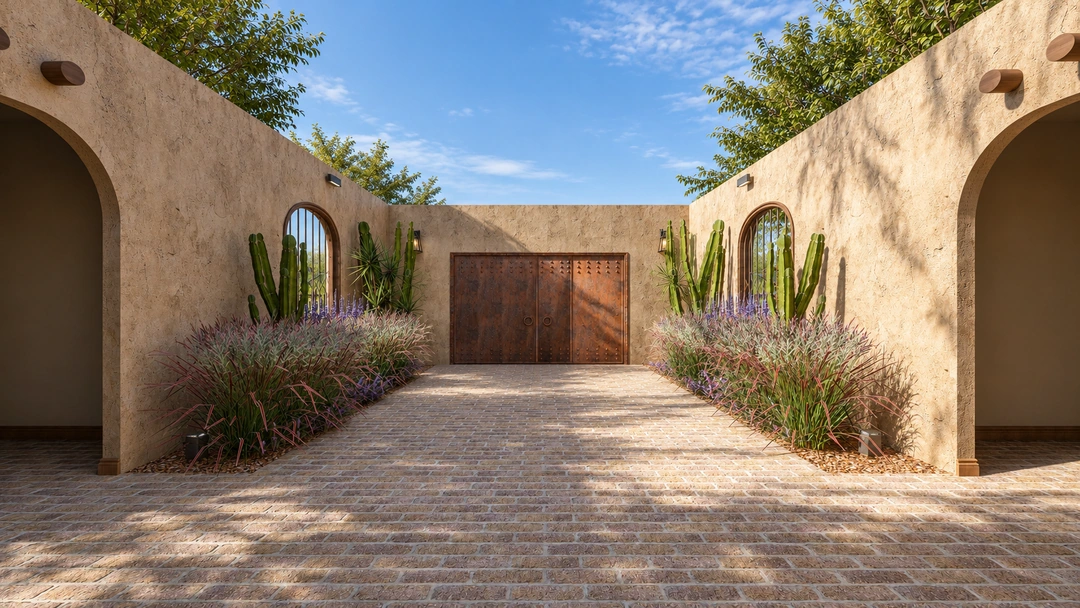 Courtyard walkway leading to double entrance doors — Santa Fe, NM, Studio Dalika; project view 10