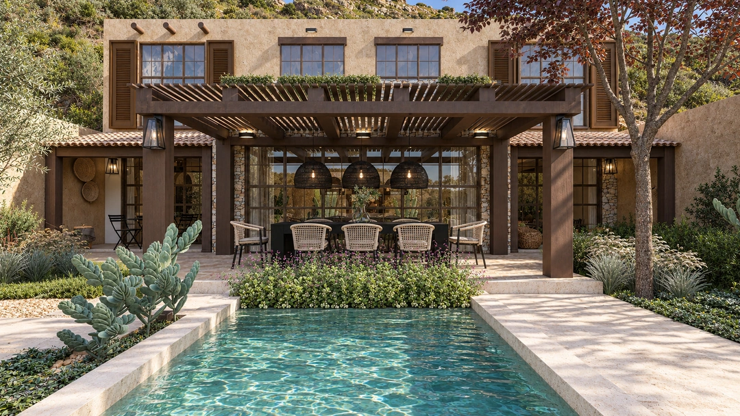 Pool overlooking residence and covered balcony — Santa Fe, NM, Studio Dalika; project view 11