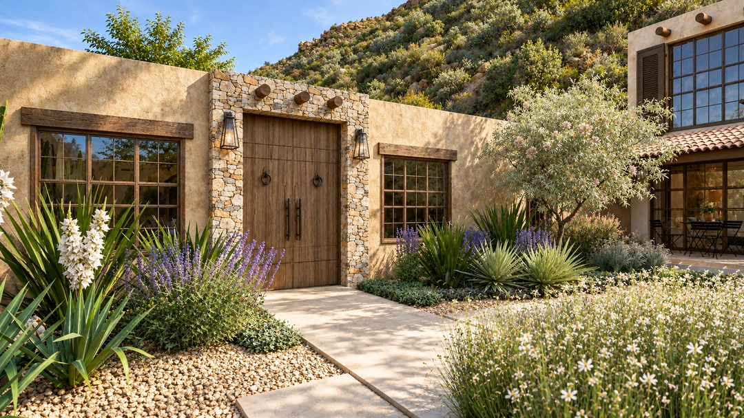 Stone residence exterior with courtyard planting and balcony — Santa Fe, NM, Studio Dalika; project view 12