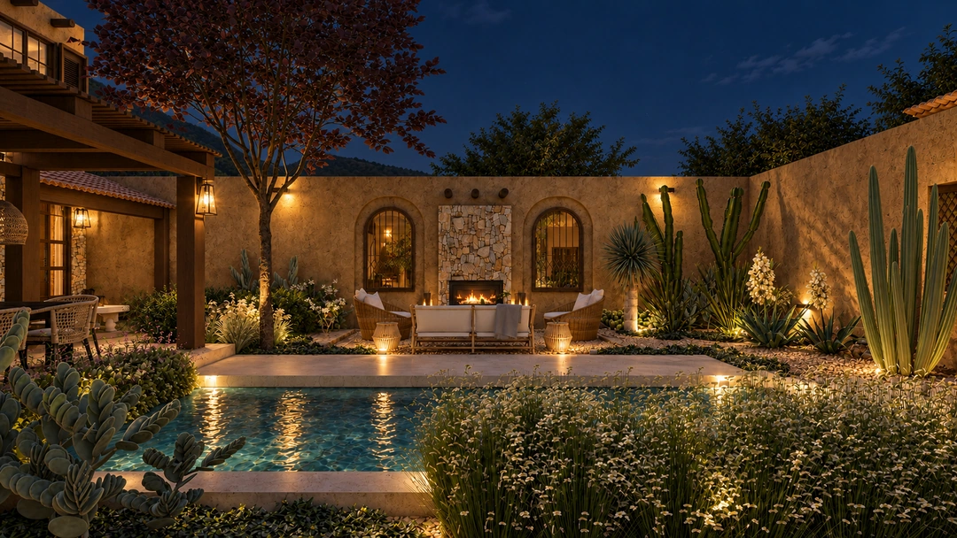 Evening courtyard seating beside fireplace and arched windows — Santa Fe, NM, Studio Dalika; project view 13