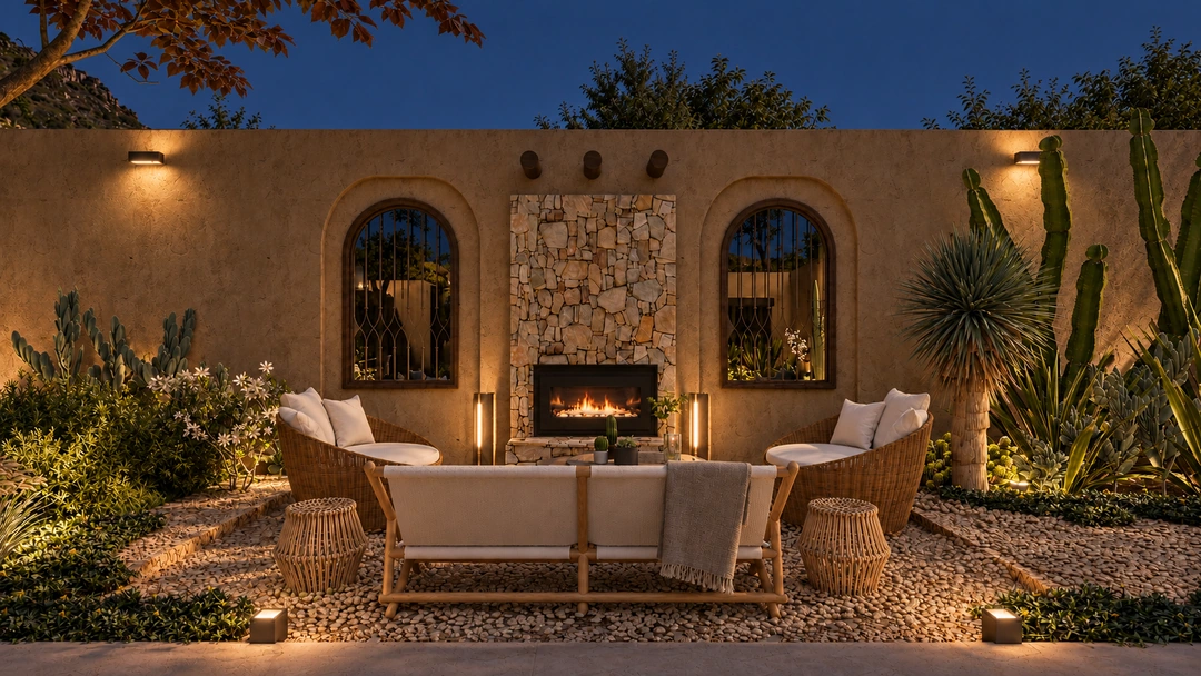 Evening outdoor seating with fireplace and cactus planting — Santa Fe, NM, Studio Dalika; project view 14