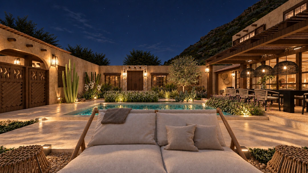 Evening courtyard pool and outdoor lounge seating — Santa Fe, NM, Studio Dalika; project view 15