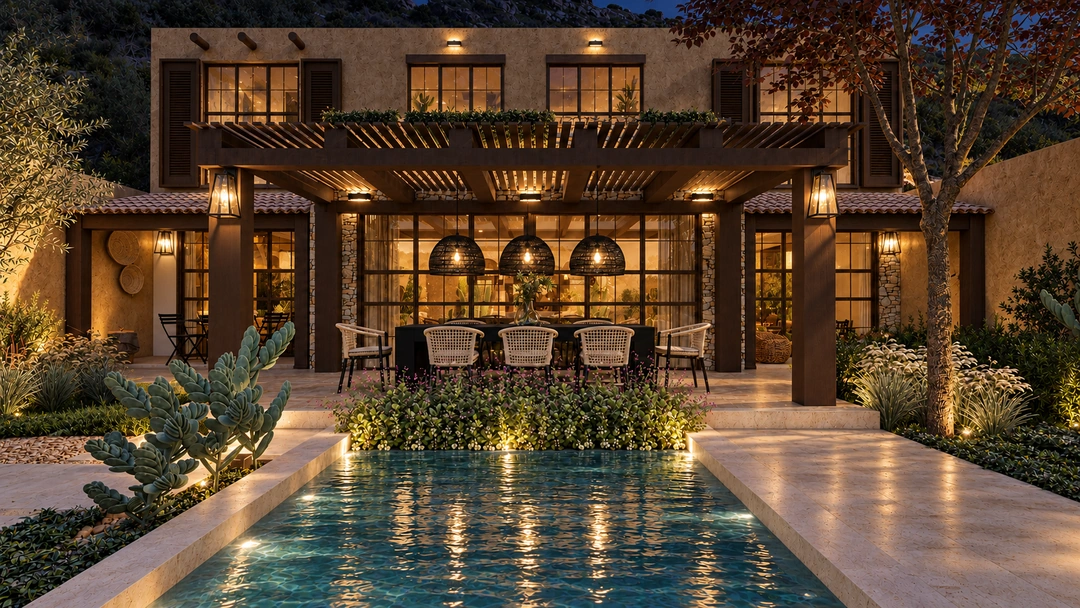 Evening pool with illuminated house and covered balcony — Santa Fe, NM, Studio Dalika; project view 16
