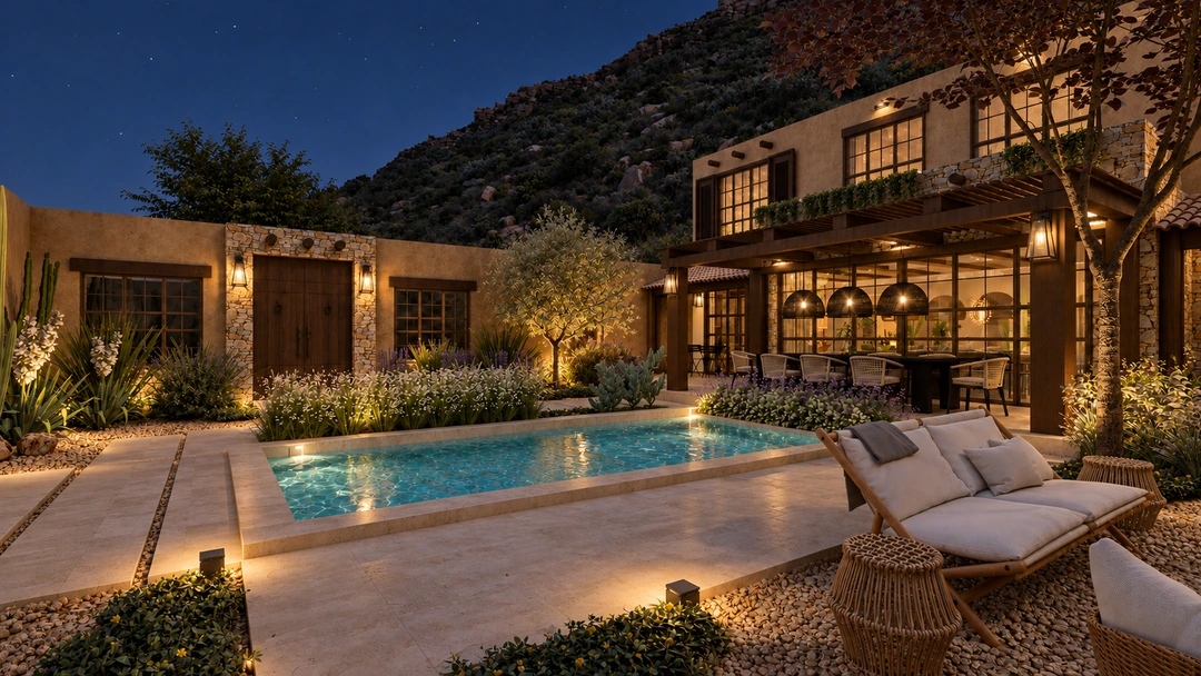 Evening pool terrace with loungers and surrounding mountains — Santa Fe, NM, Studio Dalika; project view 17