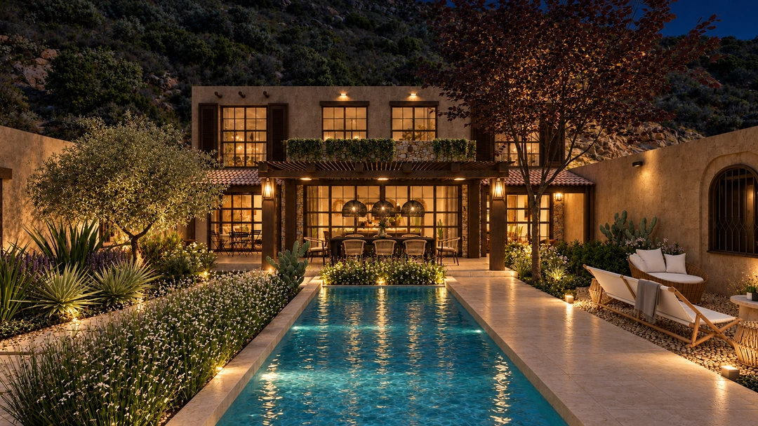 Evening pool facing house and landscaped courtyard — Santa Fe, NM, Studio Dalika; project view 18