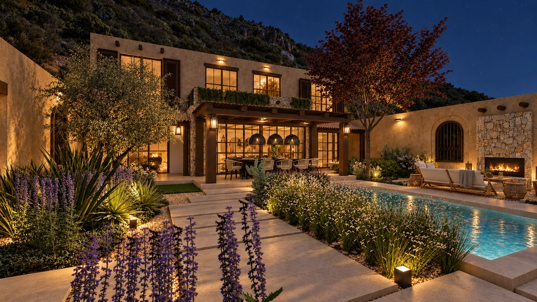 Evening pool courtyard with planting and two story residence — Santa Fe, NM, Studio Dalika; project view 19