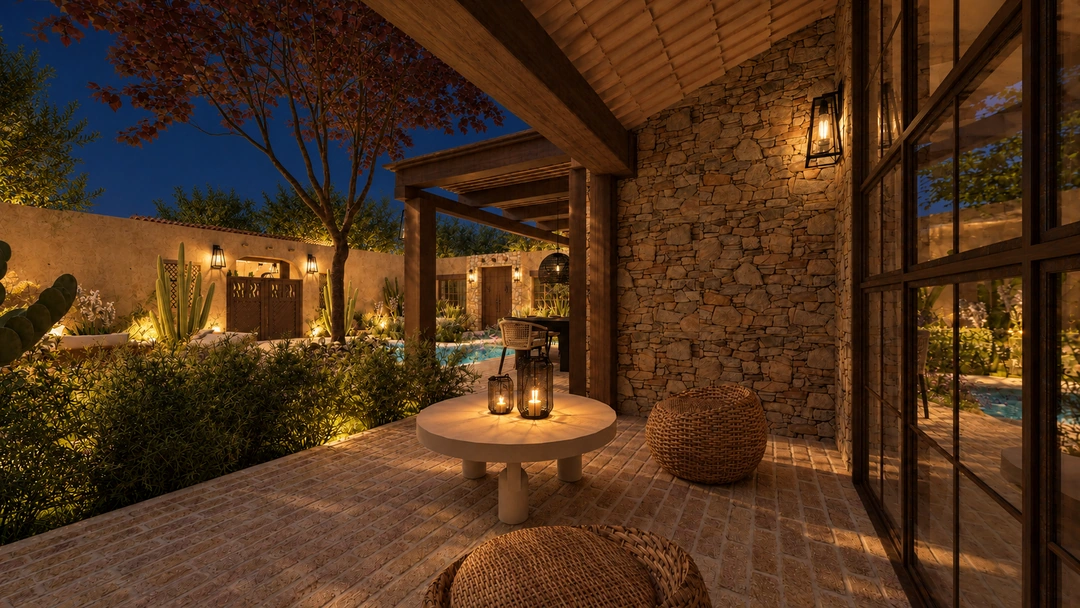 Evening courtyard seating with trees and warm exterior lighting — Santa Fe, NM, Studio Dalika; project view 20