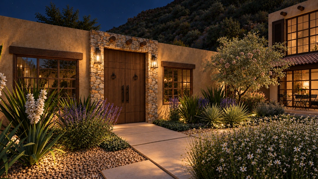 Evening stone courtyard with desert planting and covered porch — Santa Fe, NM, Studio Dalika; project view 21