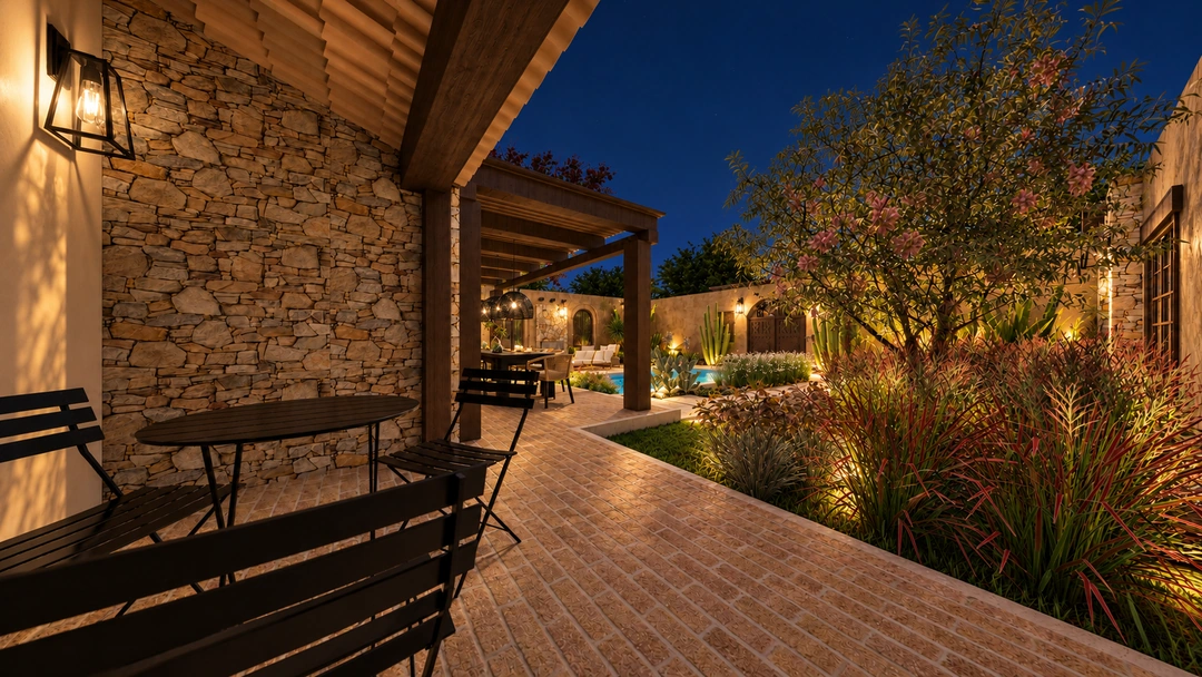 Evening covered porch with stone walls and garden view — Santa Fe, NM, Studio Dalika; project view 22