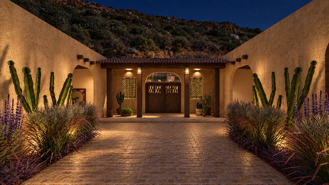 Evening courtyard walkway leading to double entrance doors — Santa Fe, NM, Studio Dalika; project view 23