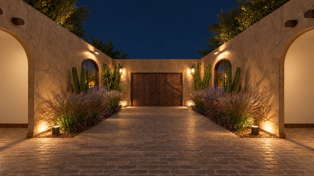 Evening courtyard entry with pathway and cactus planting — Santa Fe, NM, Studio Dalika; project view 24