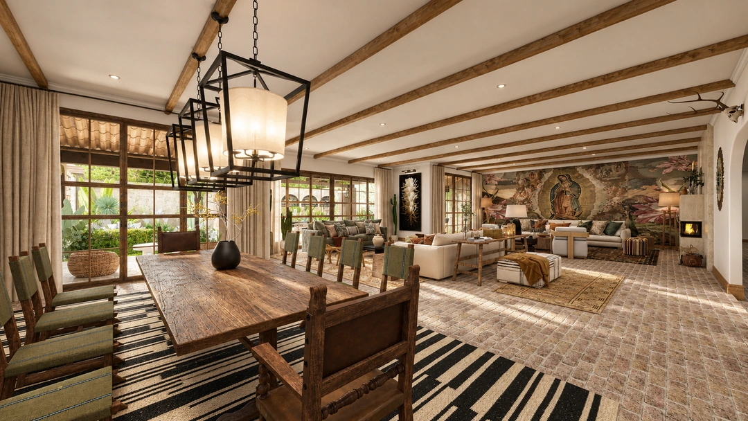 Dining table beneath pendants beside garden facing windows — Santa Fe, NM, Studio Dalika