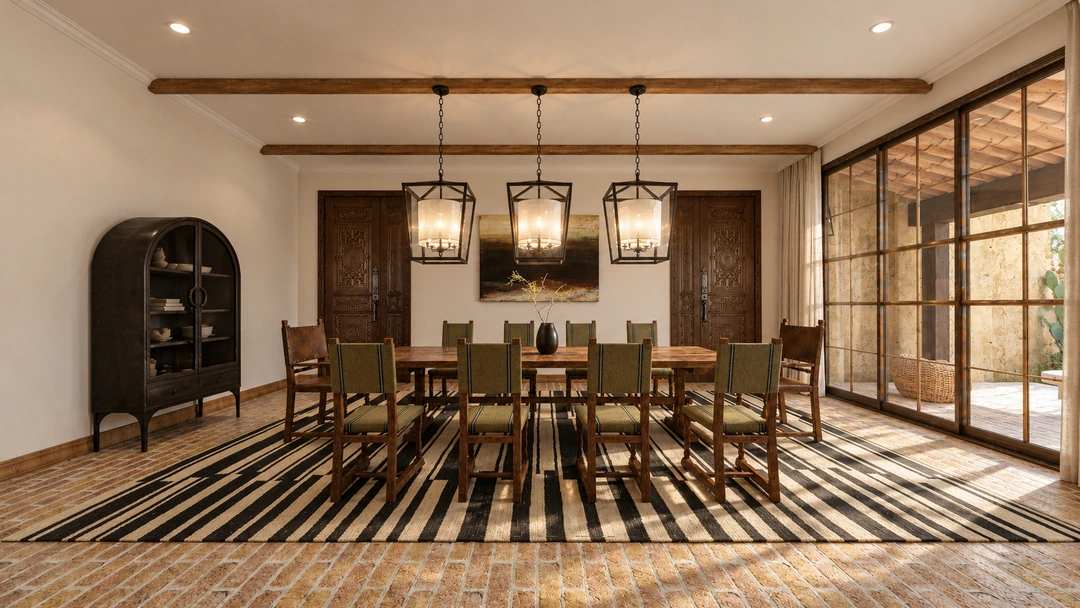 Dining room with pendant lights and wine storage — Santa Fe, NM, Studio Dalika; project view 3