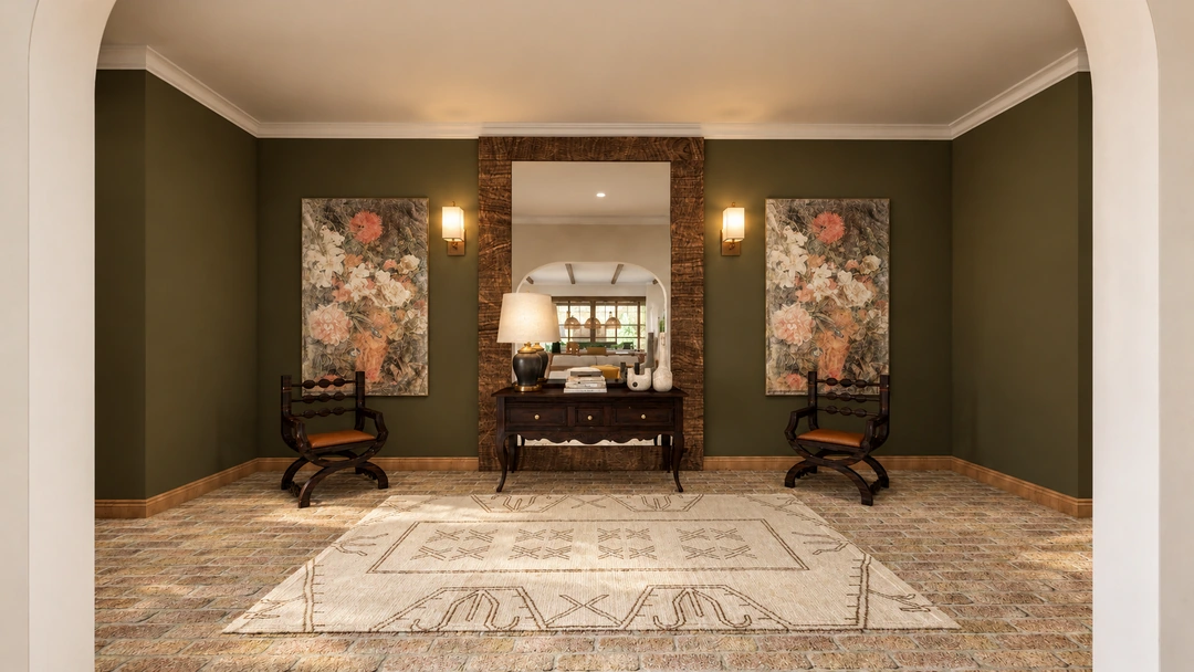 Entry console and mirror framed by floral wall panels — Santa Fe, NM, Studio Dalika; project view 4